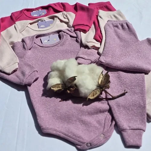 Kit 6 Peças Body Bebê Canelado Inverno 3 Bodies E 3 Calças
