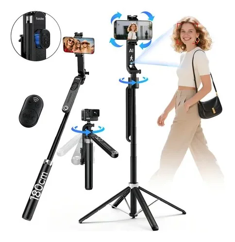 Tripé Inteligente 1.8m Com Rastreamento Facial Ai Estável 360° Para Celularcâmeravlog E Gopro, Basike Tripé Celular Profissional Universal Bastão Selfie Com Controle Remoto Bluetooth Preto