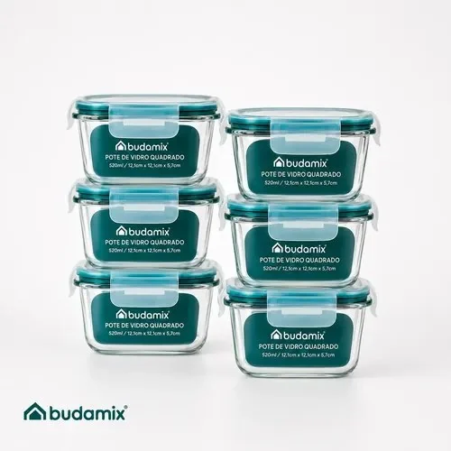 Kit 10 Potes Herméticos 520ml Refratário 4 Travas Budamix Azul-petróleo 6 Unidades