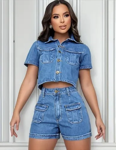 Conjunto Jeans Feminino 100% Algodão Short Cropped Bolsos Jeans 46