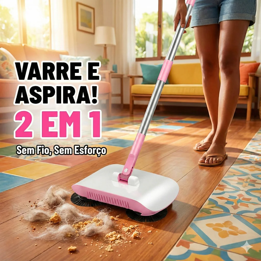 Vassoura Mágica 2 em 1 – Aspirador Manual e Esfregão Giratório para Limpeza Doméstica Prática Shopee