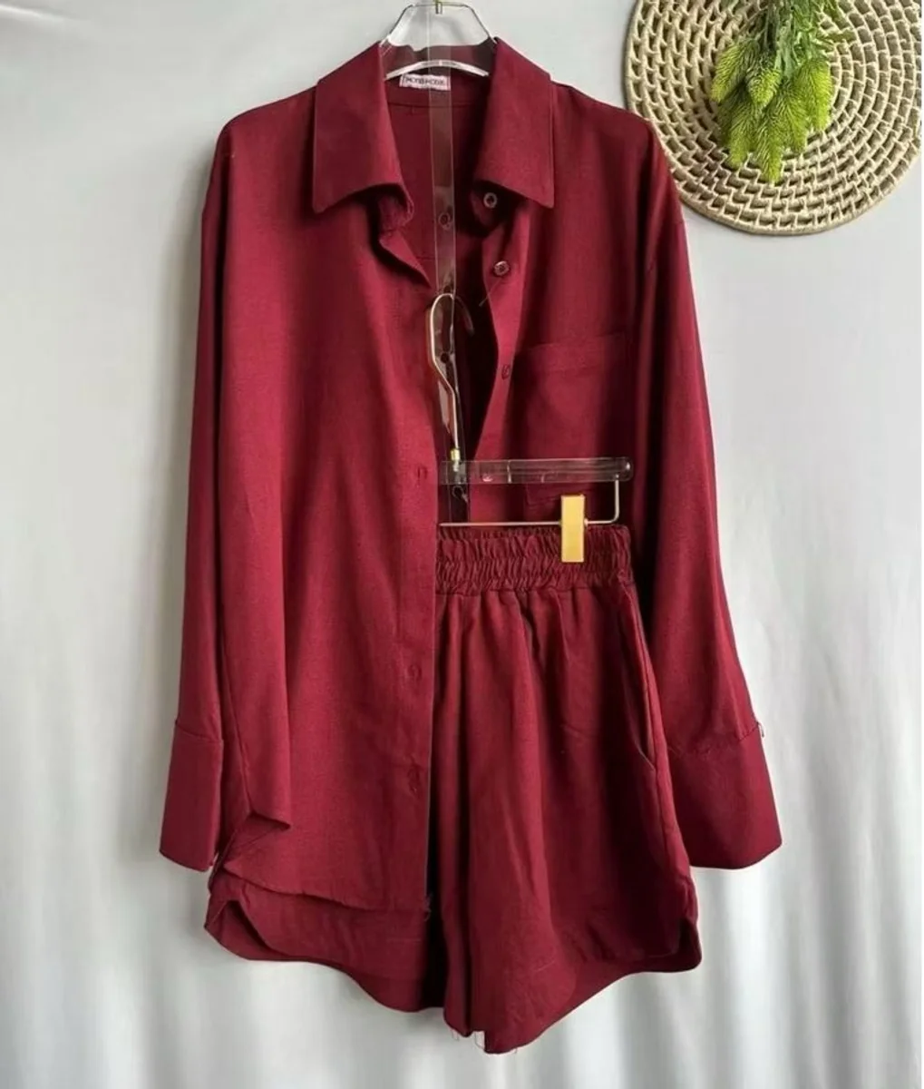 Conjunto feminino em linho leve - camisa manga longa e short Shopee