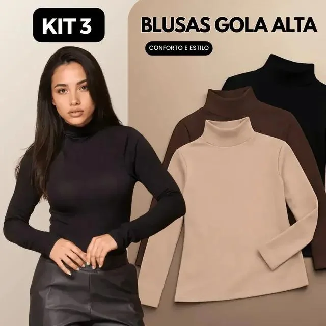 Kit 3 Blusas Feminina Cacharrel Gola Alta Manga Longa Casual Mercado Livre