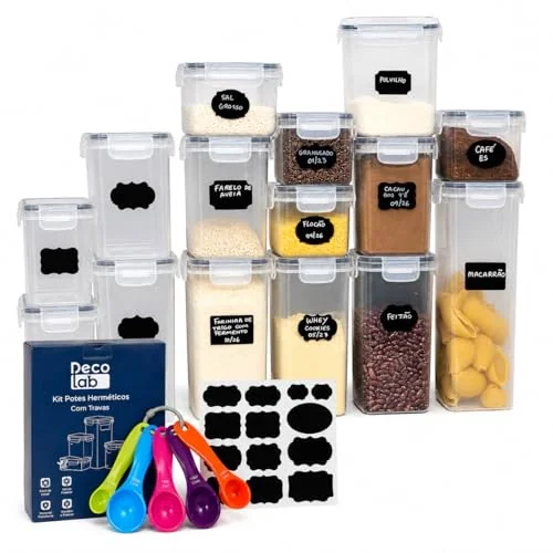 🚀 Decolab Kit Potes Herméticos Plástico com Vedação BPA Free - Organizador de Geladeira, Porta Cereais, Temperos e Mantimentos (15, transparente, Retangular) 4x 0,8L / 6x 1,4L / 4x 2,0 / 1x 2,8L
