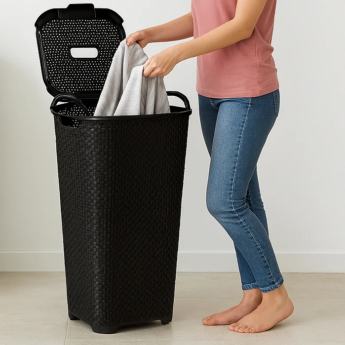 Cesto de Roupas Rattan 50L Com Tampa Basculante Preto Organizador Resistente Para Brinquedos Arqplast Shopee