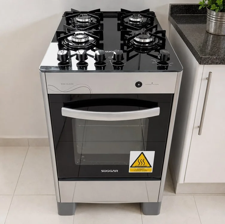 SUGGAR FOGÃO NEO GLASS PRATA MESA DE VIDRO 4 BOCAS TREMPE 6 APOIOS ACENDIMENTO AUTOMÁTICO FGVNG410PRIX
