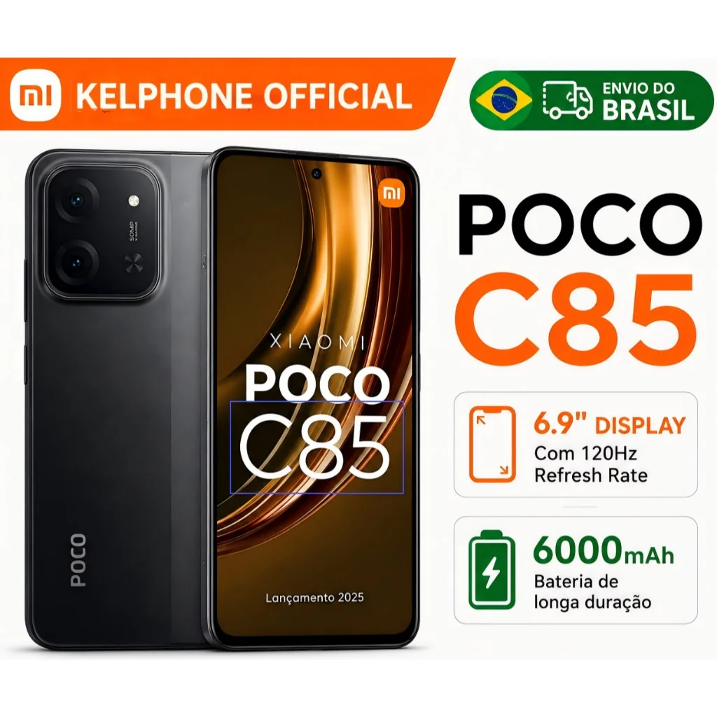 Smartphone Xiaomi POCO C85 4G Tela 6.9" 120Hz Bateria 6000mAh Carga Rápida Dual SIM Celular Original Versão Global 8GB/256GB