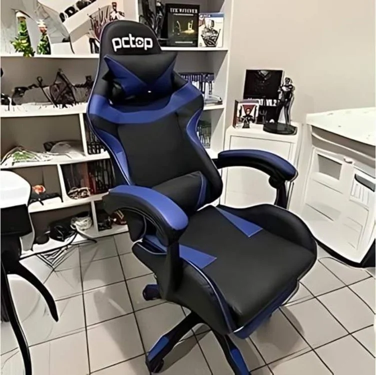 Cadeira Gamer Pctop Racer 1006 gamer ergonômica preta e azul com estofado de couro sintético Mercado Livre