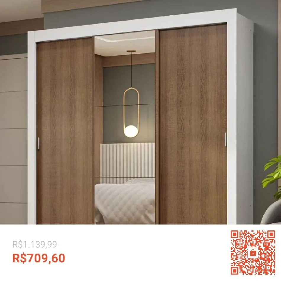 Guarda-Roupa Casal 3 Portas de Correr com Espelho Branco/Rustic Nobre Madesa