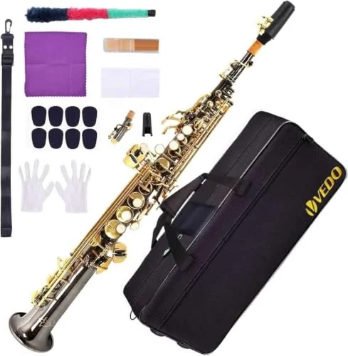 VEDO Saxofone Soprano Em Bb, Instrumento De Tubo Reto, Campana Integrado, Adequado Para Iniciantes E MúSicos NíVel IntermediáRio, Estojo, Boquilha, Sapatilhas, Palhetas, Kit Limpeza, Correia, preto