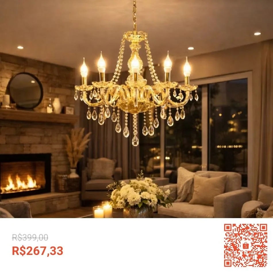 Lustre De Cristal Luminária Luxuoso Ambar Com 06 Braços