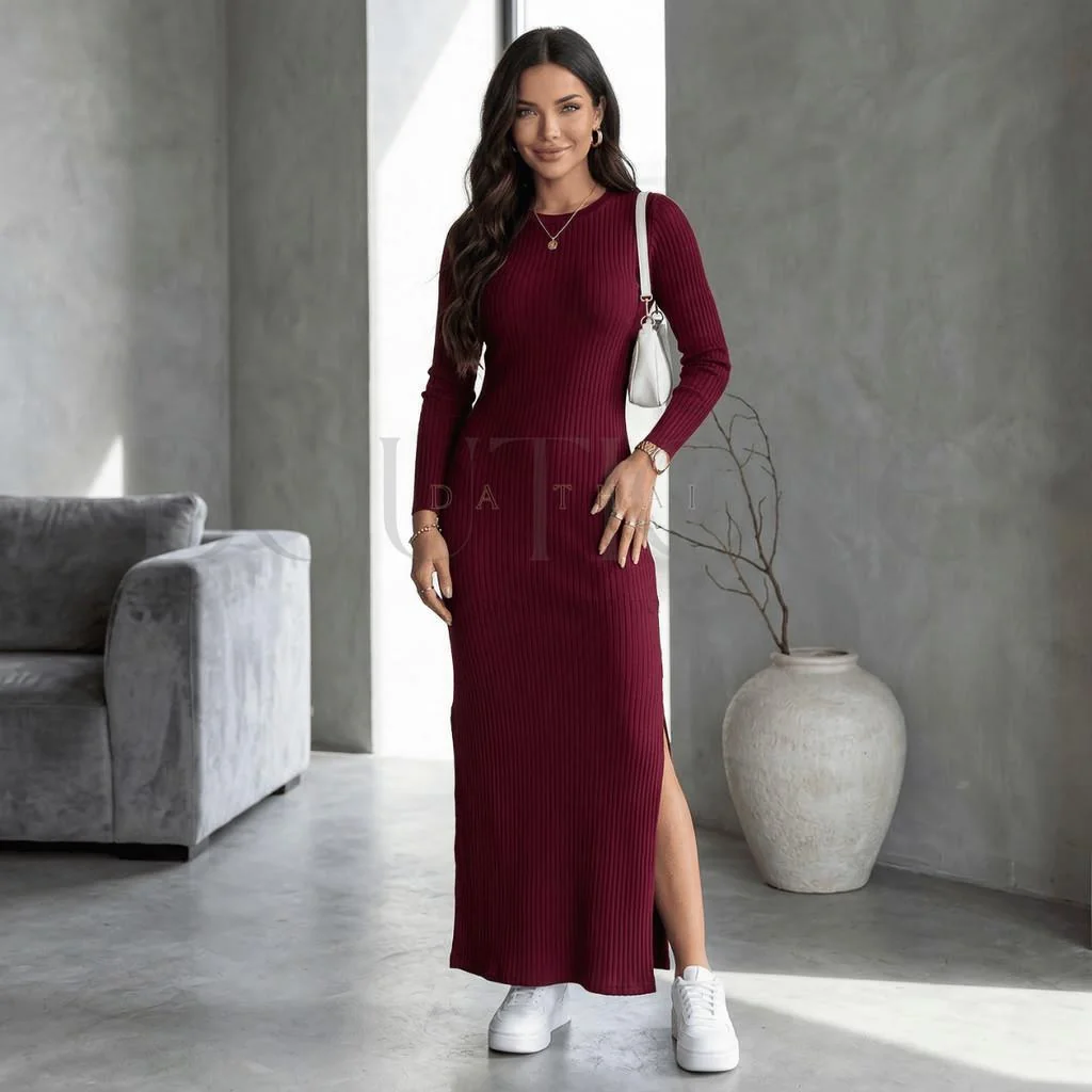 Vestido Feminino Longo Canelado Manga Longa com Fenda Lateral Shopee