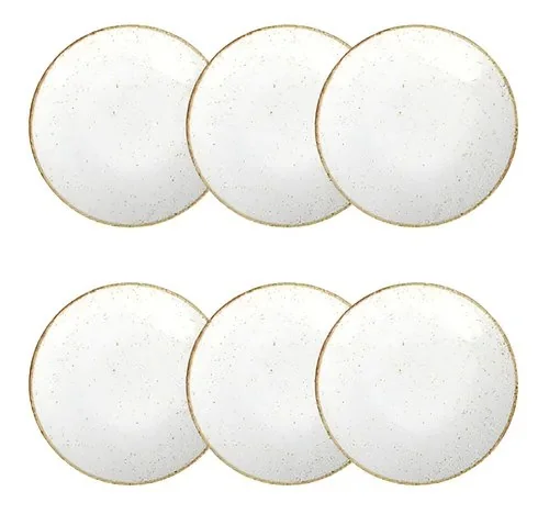 Jogo 6 Pratos Rasos Rústico Marrom Porcelana 25cm Tramontina Branco Liso