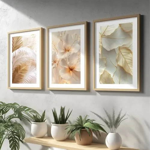 Kit 3 Quadros Decorativos Folhagem Gold Quarto Sala Cozinha