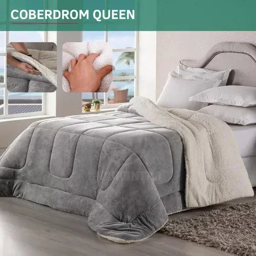 Coberdrom Casal Queen Size Sherpa Cobertor Edredom Inverno Pele Lã Carneiro Super Macio Suave Confortável Luxo Cor Cinza Liso