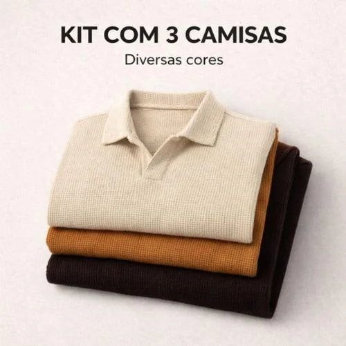 Kit 3 Polo Italiana texturizada sem botão, manga slim. Shopee