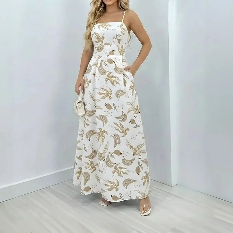 Vestido Longo Feminino Alças Fina Estampa Folhas Mercado Livre