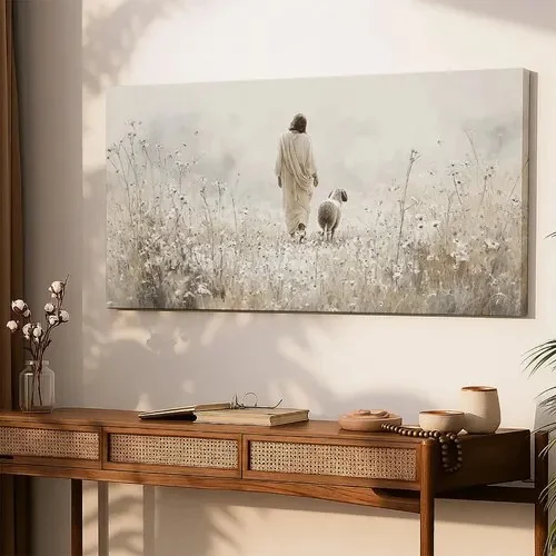 Quadro Decorativo Jesus E Ovelha Fé 130x70 Grande Religioso Palha Canvas