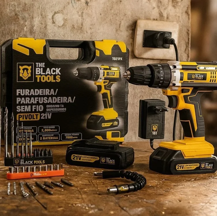 Kit Parafusadeira Furadeira De Impacto Profissional Com Luz 2 Baterias 24v Com Maleta + Acessórios Amarelo 60 Hz