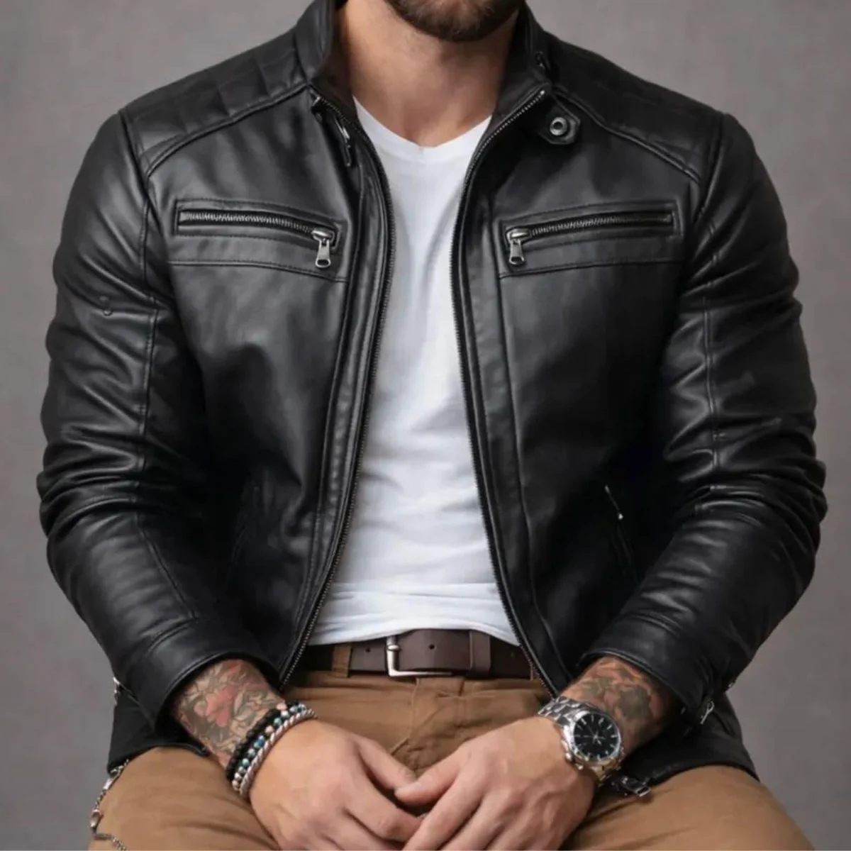 Jaqueta De Couro Masculino Slim Inverno Frio Sem Capuz Preto G Liso