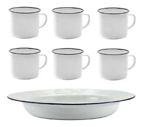 Kit 6 Pratos E 6 Canecas Esmaltados Brancos Alumínio Yazi Branco