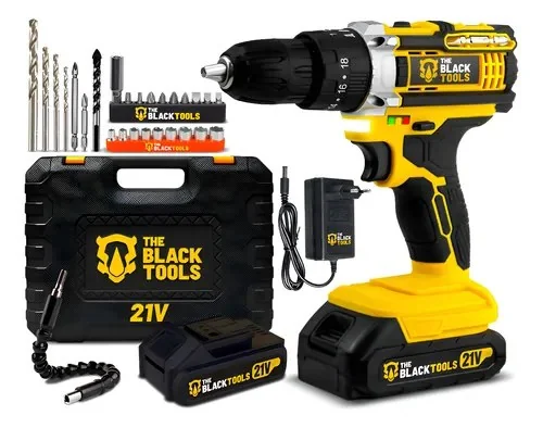 🔥 PARCELADO! Parafusadeira Furadeira De Impacto The Black Tools Profissional Tb-21px 2 Baterias Com Maleta 60hz Amarelo 127/220v