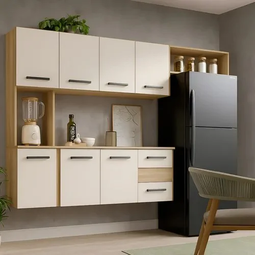 Kit Armário De Cozinha Multiuso Compacta Suspensa Com 7 Portas E 2 Gavetas Cor Cinamomo Off Freijó/off White