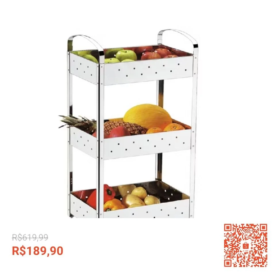 Carrinho Organizador Inox Suprema Brinox - 3 Prateleiras - Com rodinhas