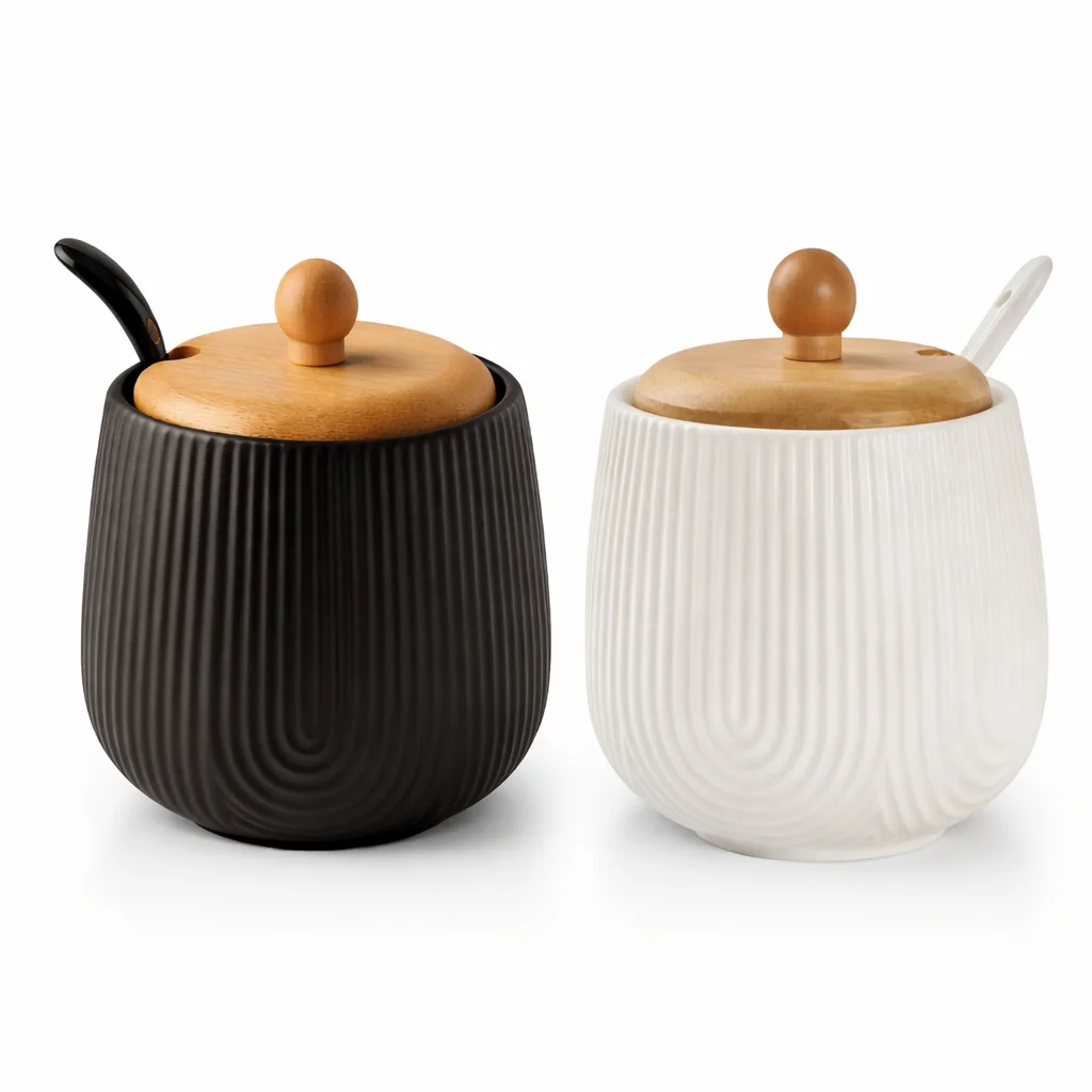 Açucareiro Em Porcelana Com Colher Tampa Bambu 360ml Oásis Shopee