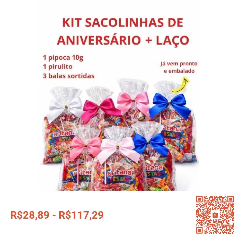kit Saquinho Sacolinha Para Festas Com Pipoca Doce, Pirulito, Balas, com laço
