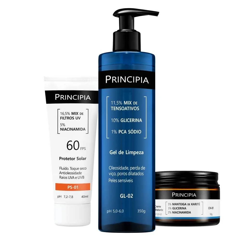 Principia Kit Peles Sensíveis c/ Gel de Limpeza Gl-02 + Creme Hidratante CH-01 + Protetor Solar PS-01 FPS 60 Shopee