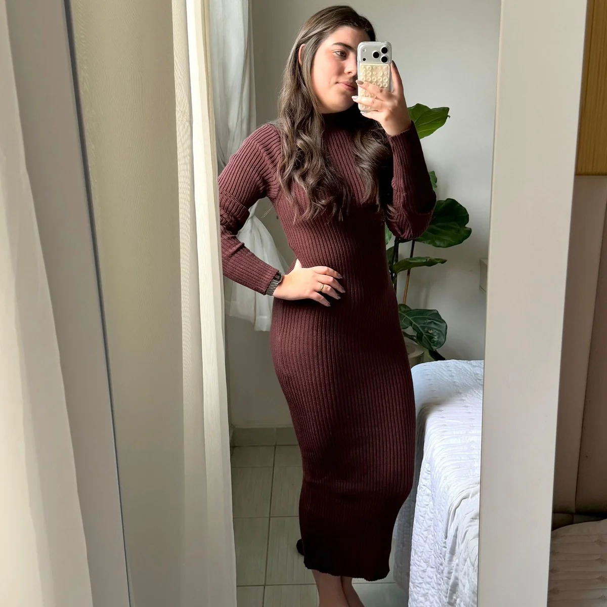 Vestido com manga anastacia canelado fio modal premium outono e inverno Shopee