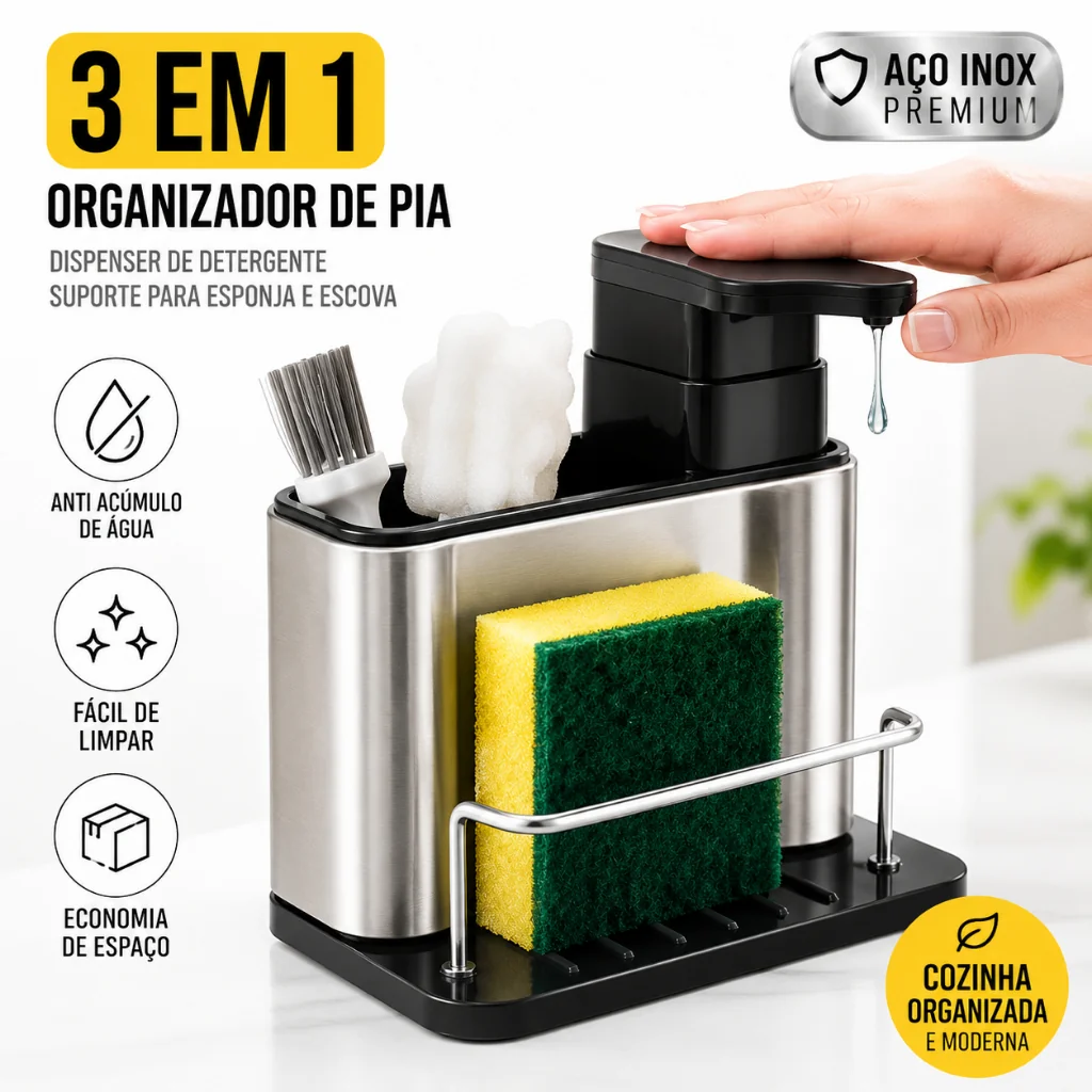 Organizador de Pia 3 em 1 em Aço Inox com Dispensador de Detergente e Suporte para Esponja Shopee