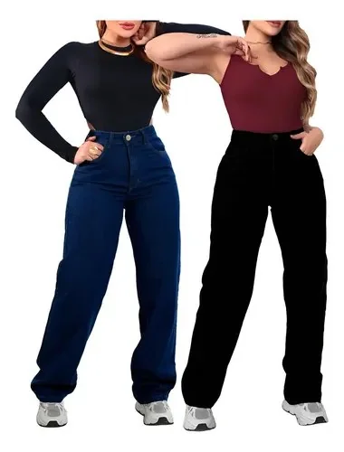 Kit Com 2 Calça Wide Leg Jeans Pantalona Modelagem Perfeita