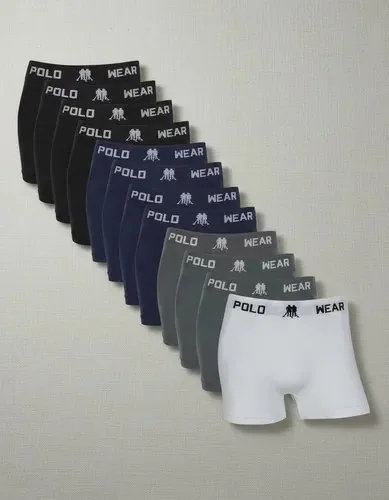 Kit 12 Cuecas Boxer Polo Wear Masculino Microfibra Sortida Branco, Cinza, Preto E Azul Marinho Liso P