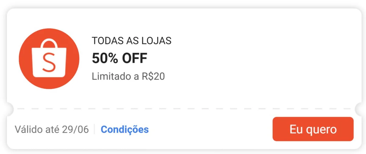 🔥 VOLTOU - Cupom 50% OFF, limitado a R$20 na Shopee