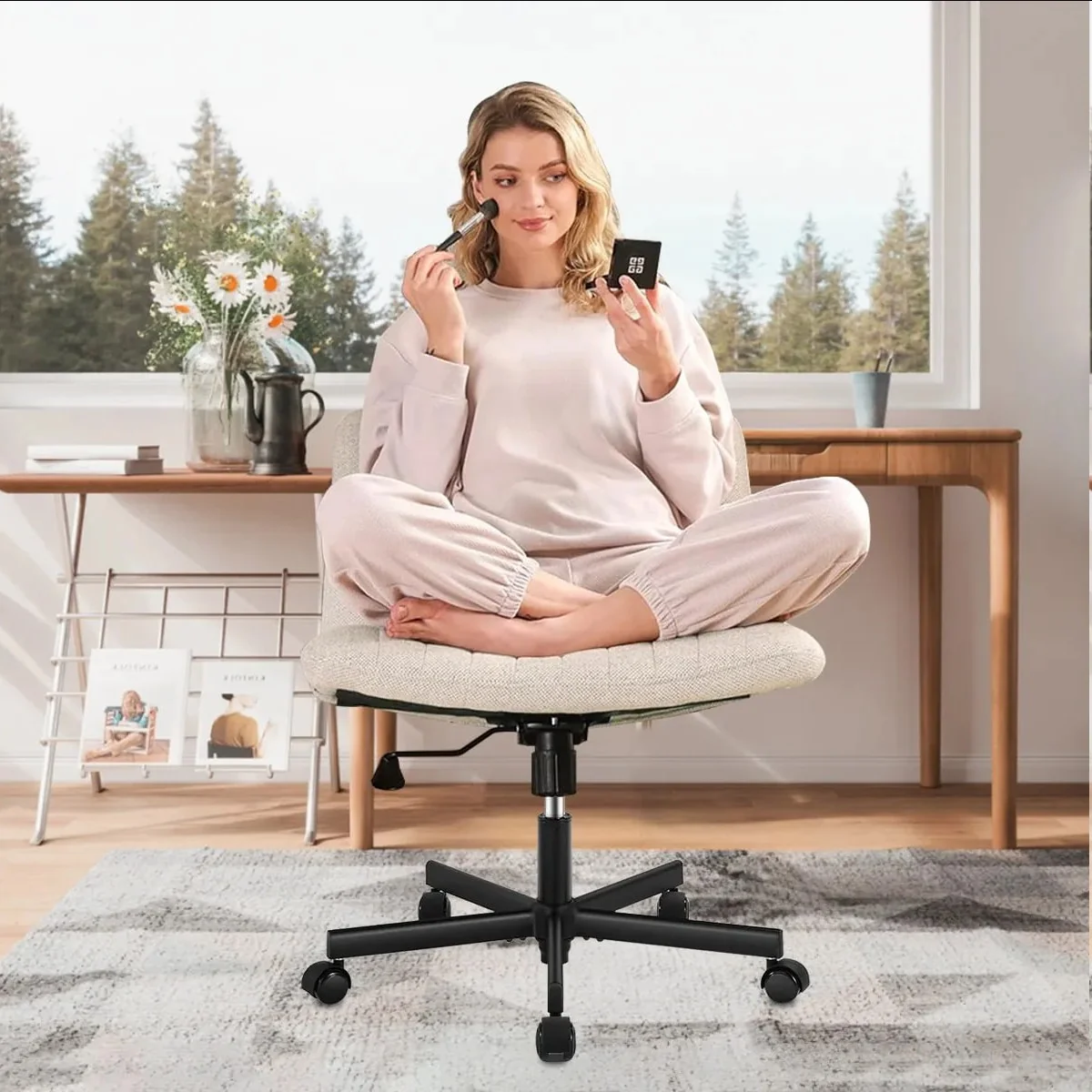 Cadeira Escritório Python Fly Assento Largo Giratória Encosto Reclinável Bege Algodão