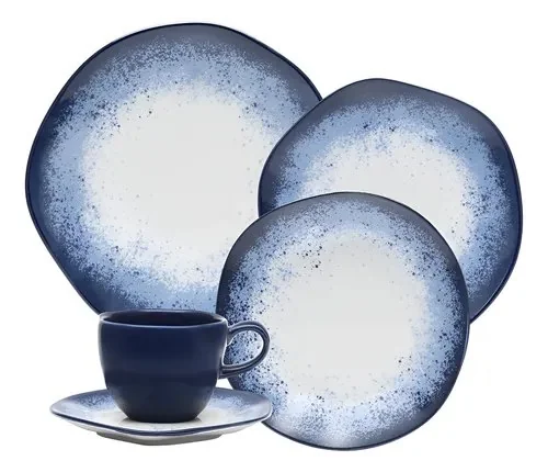 Aparelho De Jantar 20 Peças Galapagos Ryo Oxford Porcelana Branco E Azul Estampado
