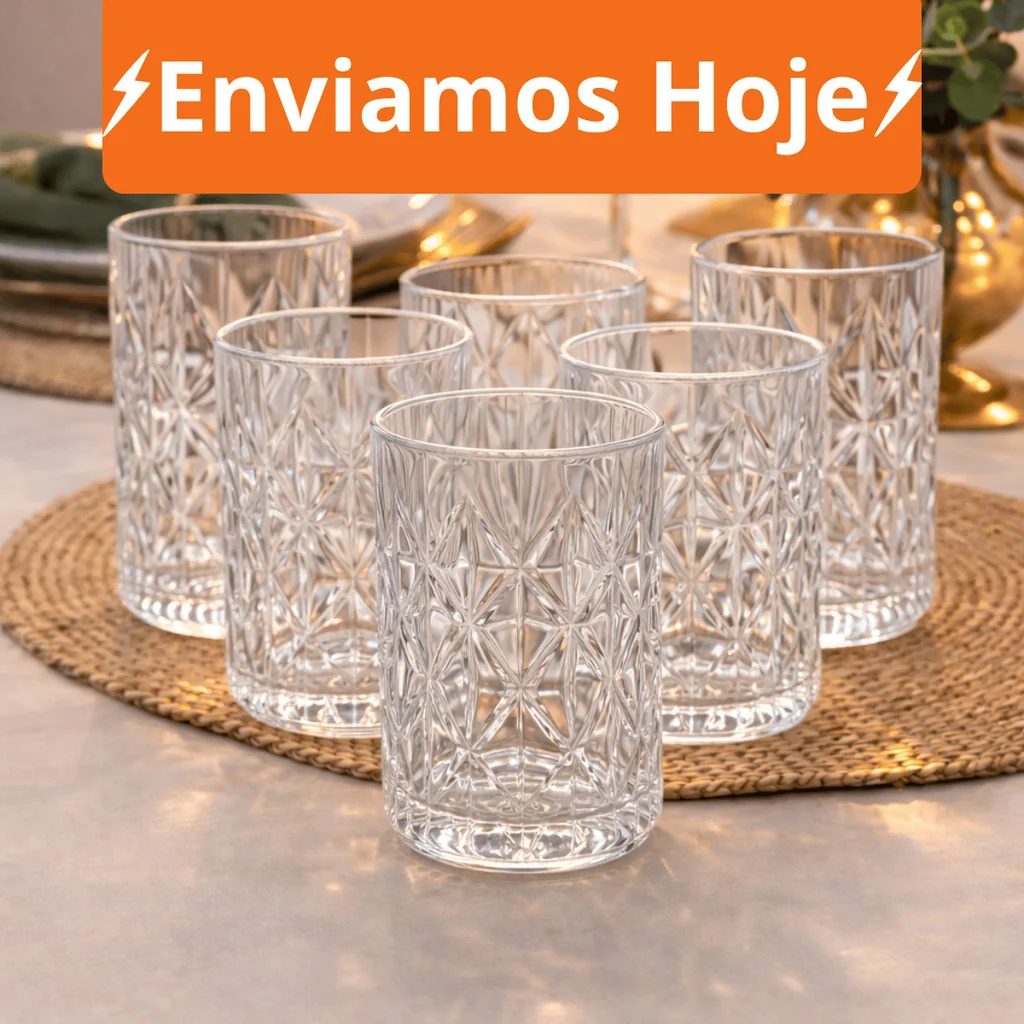 Jogo ate 12 Copos Baixos Diamond 300ml Vidro Grosso Diamante Luxo Shopee