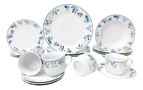 Jogo Aparelho De Jantar Mayara Em Porcelana 20 Peças Cor Branco E Azul Hauskraft Florido