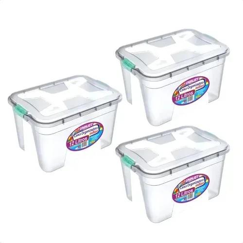 Caixa Organizadora Kit 3 Uni Transparente Tampa Trava 12lts Transparente Liso