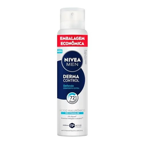 NIVEA MEN Desodorante Antitranspirante Aerossol Derma Control Defende 200ml, Proteção 72h, Previne Irritações, Ácido Hialurônico, Conforto Extra